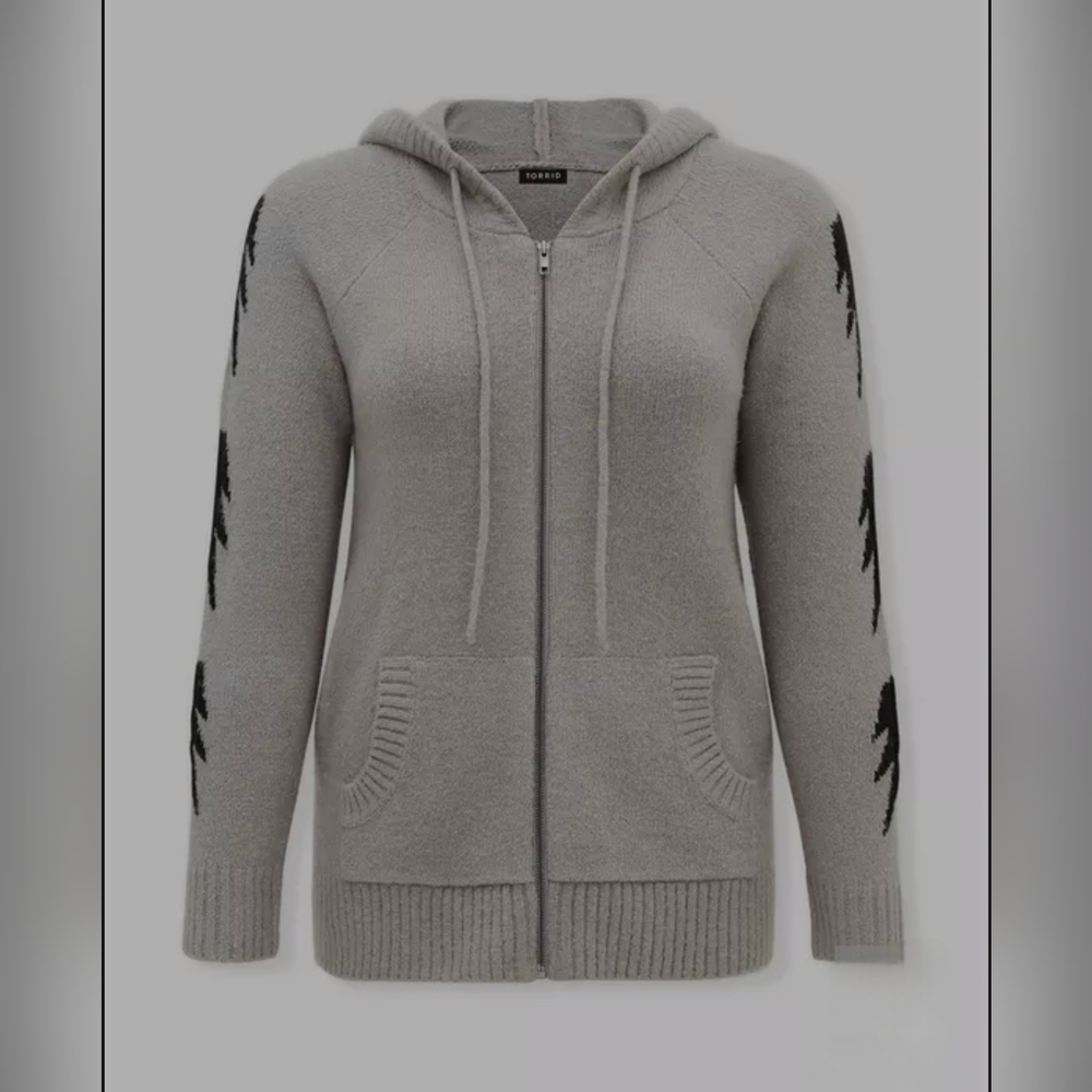 Gray Hooded Zip-Up Sweater with Black Lightning Bolt Accents